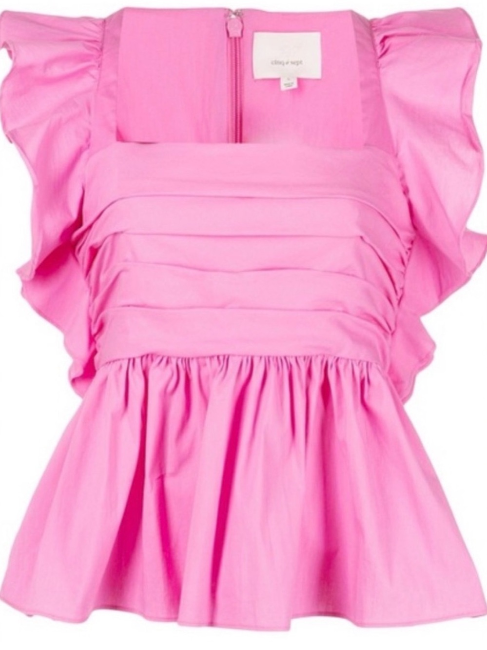 Cinq a Sept Audrie Pink Ruffle Peplum Poplin Top Square Neck Ruched Womens XXS